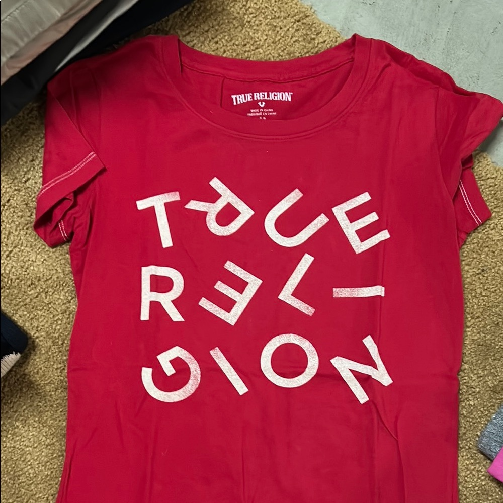 True Religion Red Tee with White Lettering